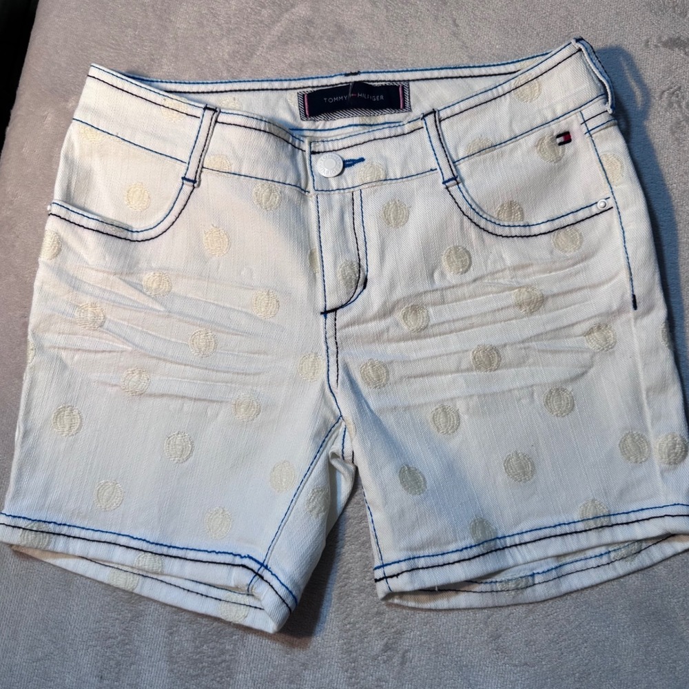 Tommy Hilfiger Girls White Polka Dot Denim Shorts Size 10 Cotton Blue Stitching
